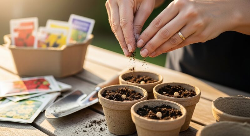 種まき用ポットに種をまき土を被せている様子