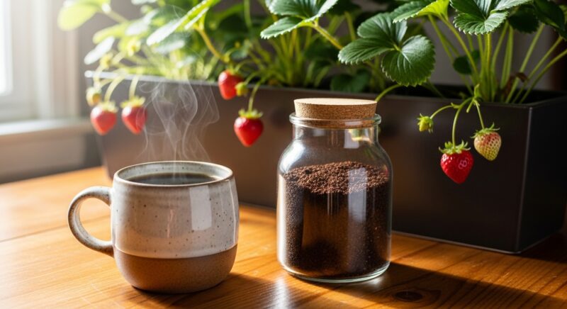 木製テーブルの上にあるコーヒーカップと、瓶に入ったコーヒーかす、背景には家庭菜園のイチゴ。