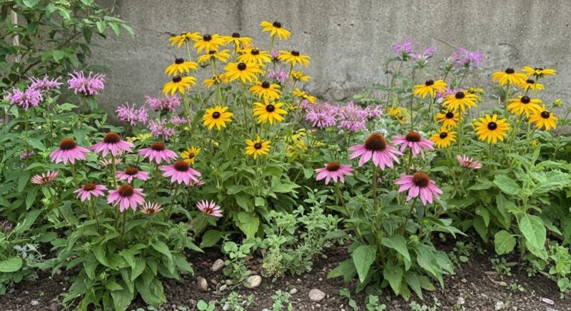 夏の花（エキナセア、ルドベキア、レモンベルガモット）が満開に咲いている様子