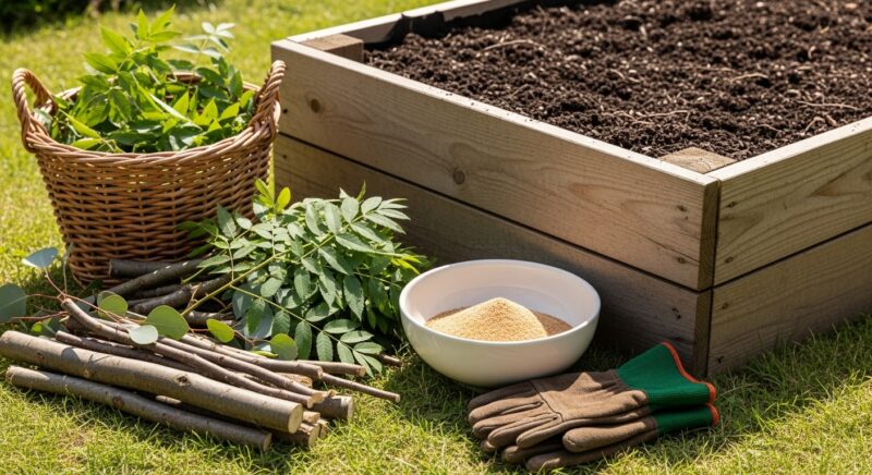 レイズドベッドの土を節約するための土づくり準備。芝生の上の木製レイズドベッドの横に、剪定枝、カゴに入った葉、米ぬか、園芸用手袋が置かれている。