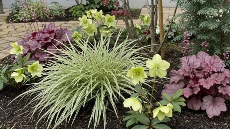 樹木の下草にヤブラン、ヒューケラ、クリスマスローズが植えられている。