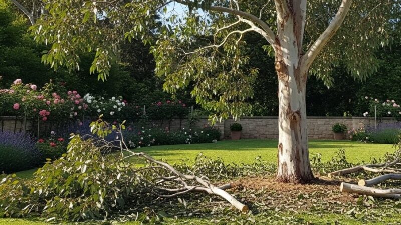 ユーカリの枝を伐採して剪定枝が散らかっている