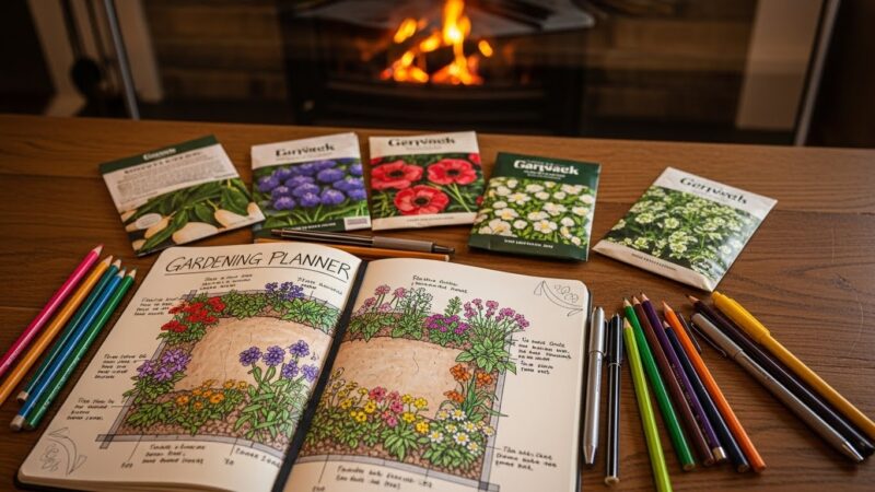 暖炉の前のテーブル上にガーデニングプランノ－トとカラーペンが置いてある