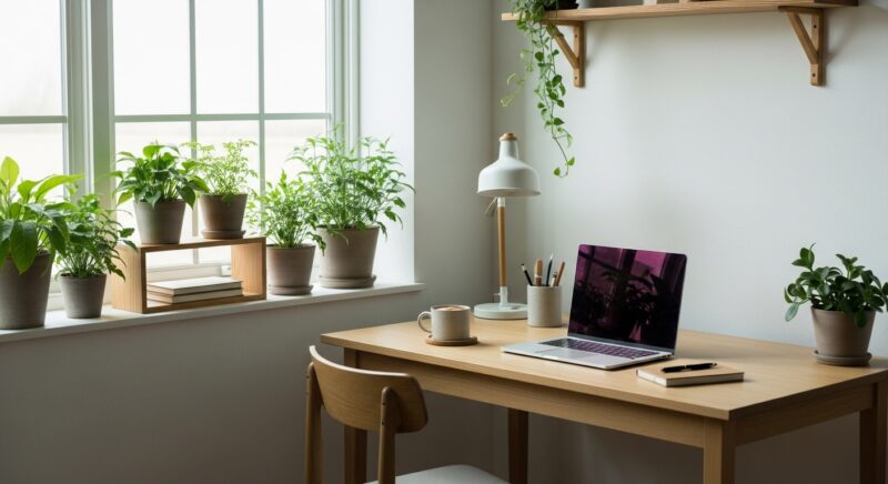 パソコンが置かれた書斎。窓辺には植物の鉢植えがたくさん置かれている。