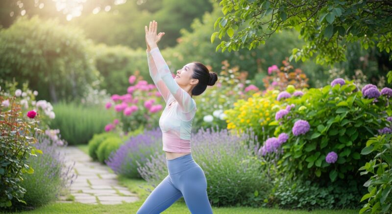 季節の花が満開の庭でいちゅうんん女性がヨガもポーズをとっている