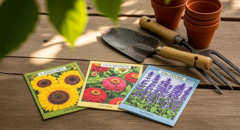 ヒマワリ、ジニア、ブルーサルビアの種袋がガーデンテーブルの上に置いてある